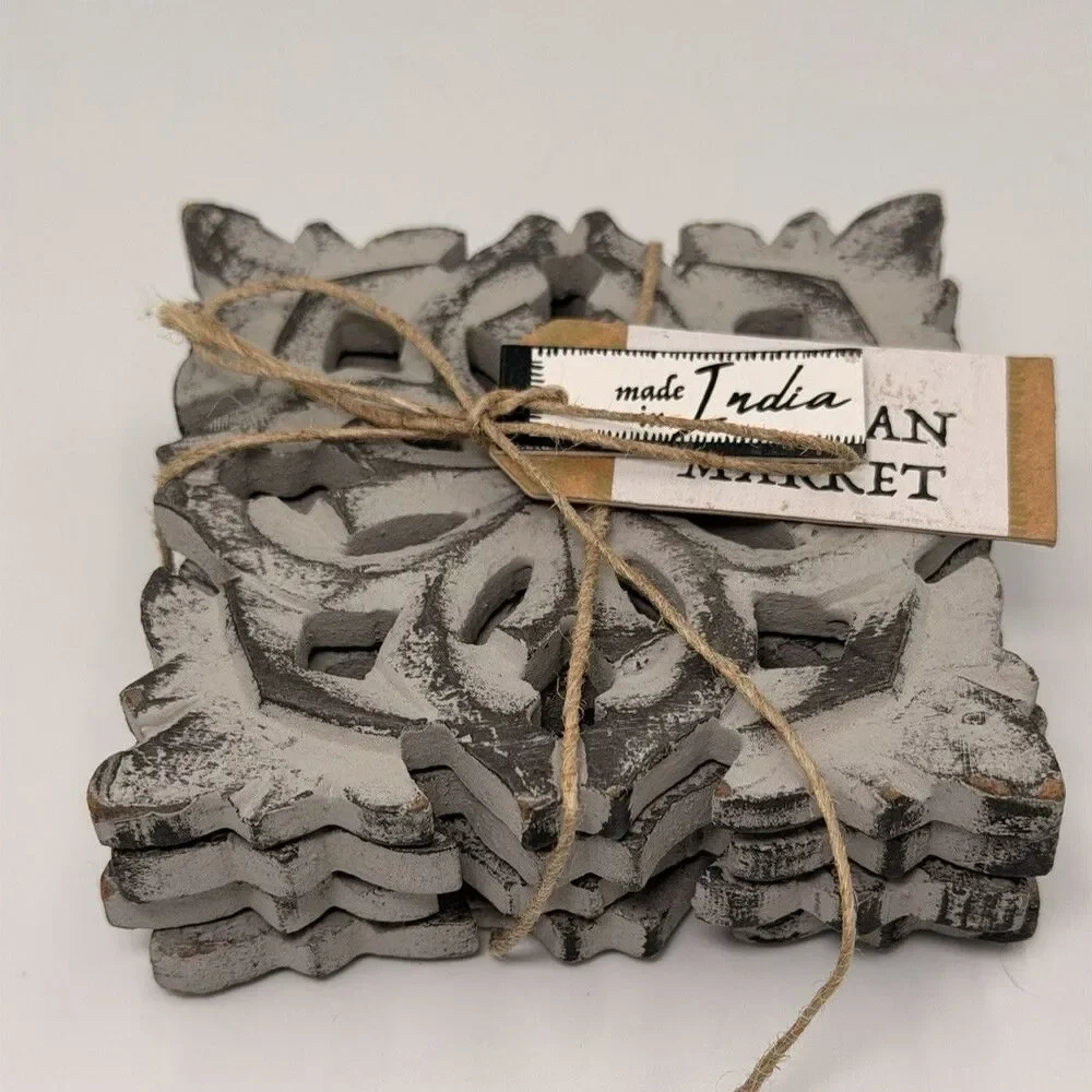 Artisan Market Hand Carved Wood Coasters Gray Distressed Set of 4 Farmhouse 4x4
